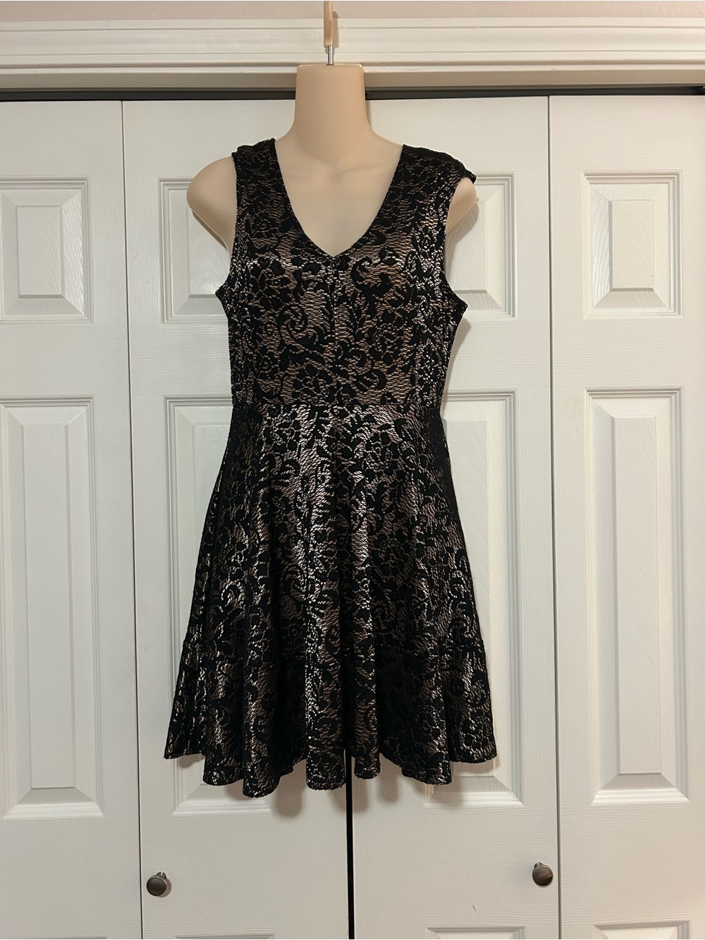 Rubber Ducky Productions, Inc. Black Lace Over Nude Fit-and-Flare Mini Dress